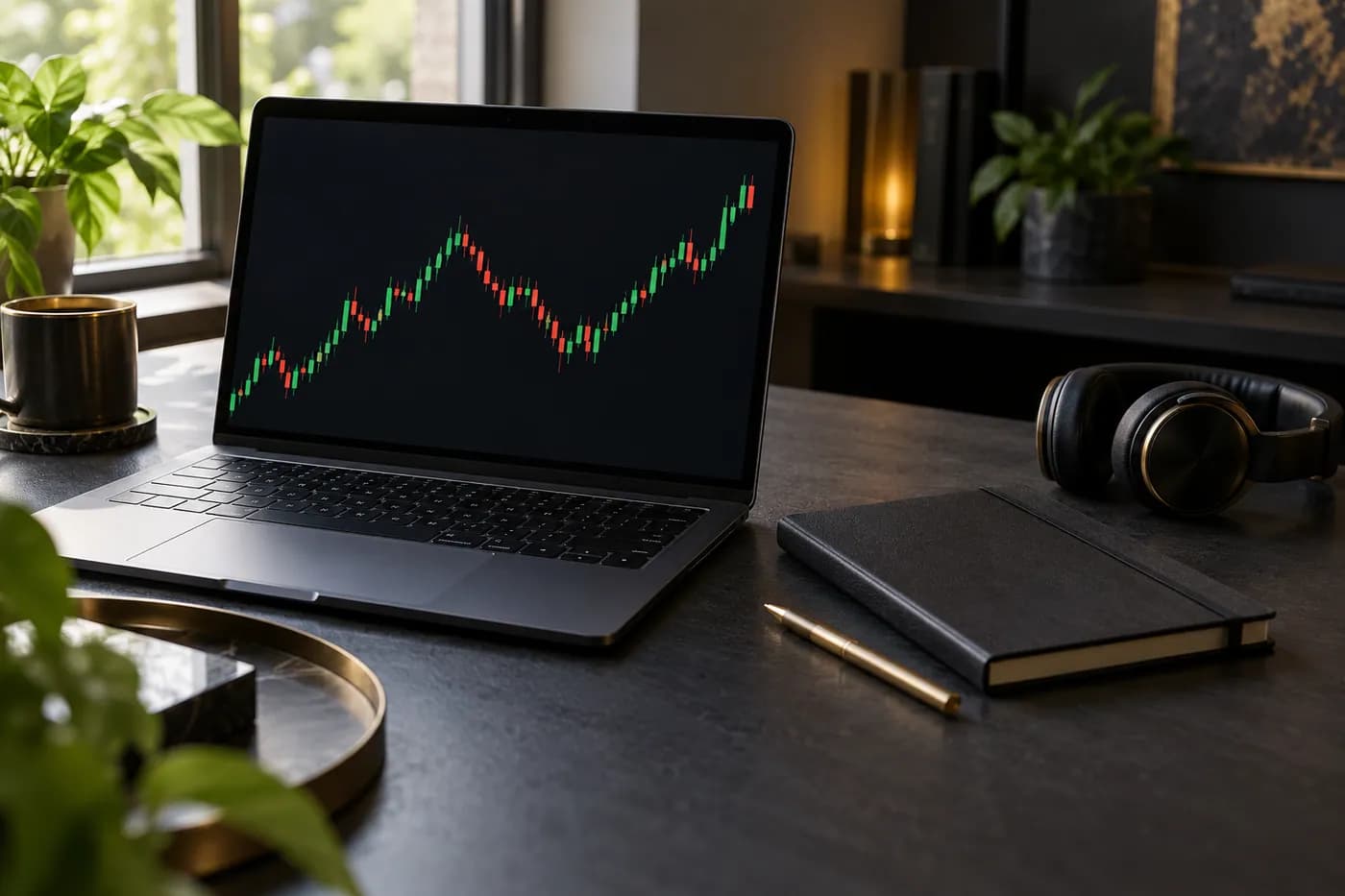 میز مطالعه دوره آنلاین با لپ‌تاپ، نمودار خام، هدفون و دفتر تمرین