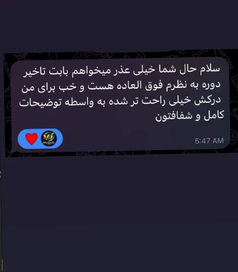 پیام دانشجو در تلگرام: «دوره به نظرم فوق العاده هست و خب برای من درکش خیلی راحت تر شده به واسطه توضیحات کامل و شفافتون»