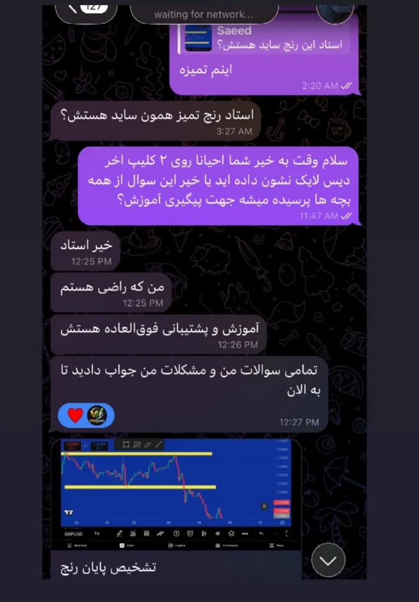 پیام دانشجو در تلگرام: «من که راضی هستم … آموزش و پشتیبانی فوق‌العاده هستش … تمامی سوالات من و مشکلات من جواب دادید تا به الان»