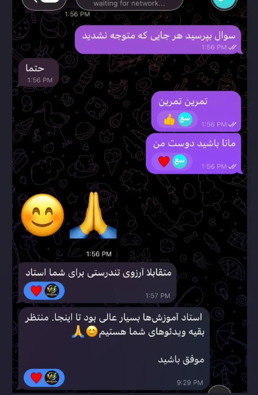 پیام دانشجو در تلگرام: «استاد آموزش‌ها بسیار عالی بود تا اینجا. منتظر بقیه ویدئوهای شما هستیم … موفق باشید»
