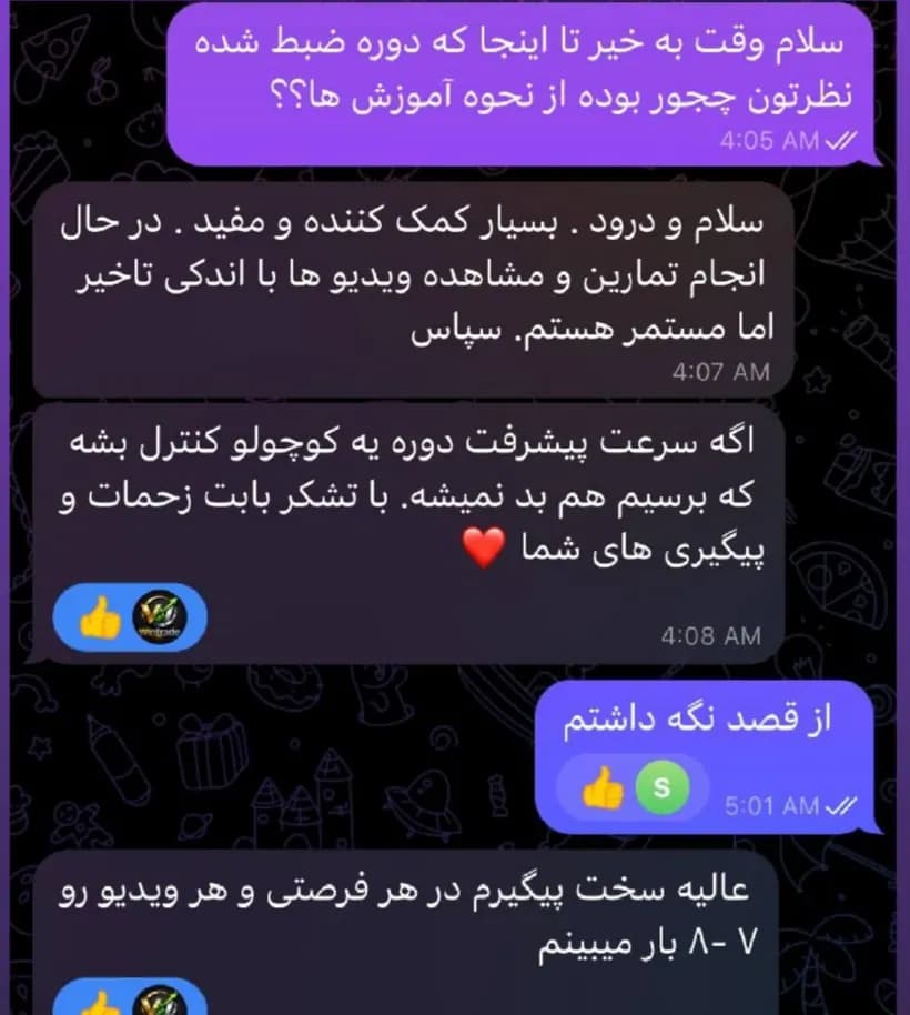 پیام دانشجو در تلگرام: «سلام و درود . بسیار کمک کننده و مفید … عالیه سخت پیگیرم در هر فرصتی و هر ویدیو رو ۷-۸ بار میبینم»