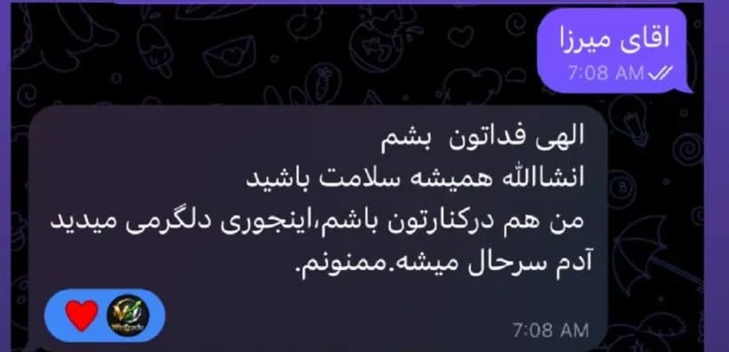 پیام دانشجو در تلگرام: «الهی فداتون بشم انشالله همیشه سلامت باشید من هم درکنارتون باشم،اینجوری دلگرمی میدید آدم سرحال میشه.ممنونم.»