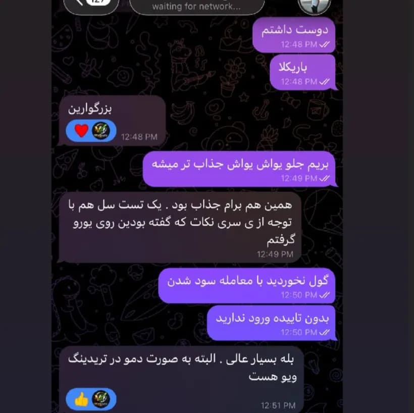 پیام دانشجو در تلگرام: «همین هم برام جذاب بود . یک تست سل هم با توجه از ی سری نکات که گفته بودین روی یورو گرفتم … البته به صورت دمو در تریدینگ ویو هست»