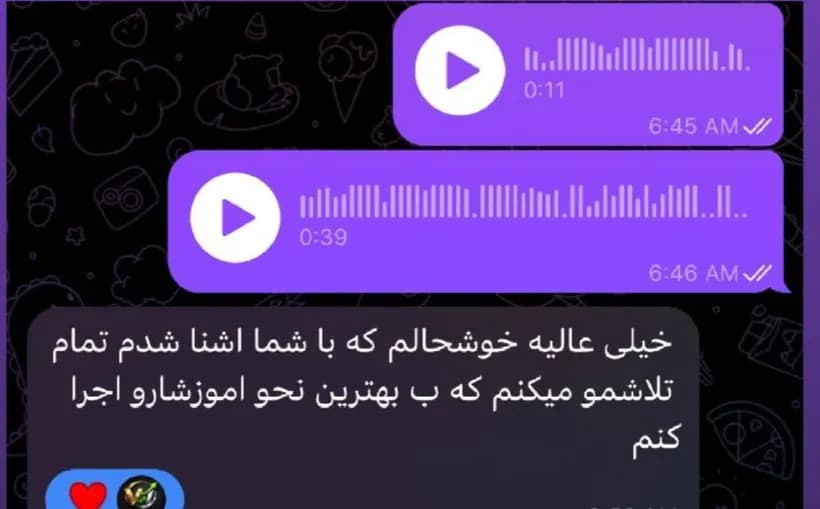 پیام دانشجو در تلگرام: «خیلی عالیه خوشحالم که با شما اشنا شدم تمام تلاشمو میکنم که ب بهترین نحو اموزشارو اجرا کنم»